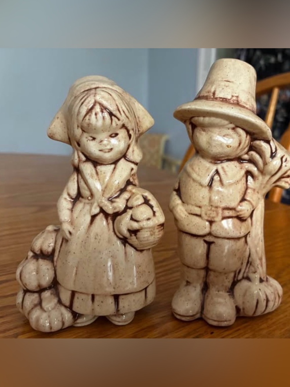 Vintage Hand-Painted Ceramic Pilgrim Couple Figurines - Home Art